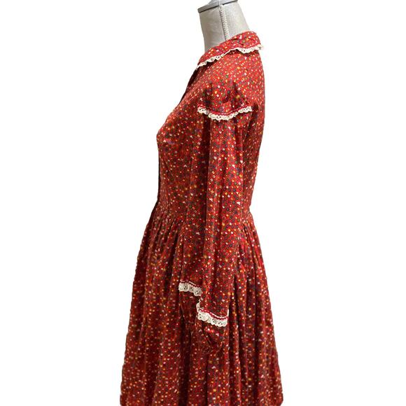 VTG Handmade Prairie Maxi Dress Red Calico Tiered + Bonnet Long Sleeve Sz Small - Picture 10 of 15